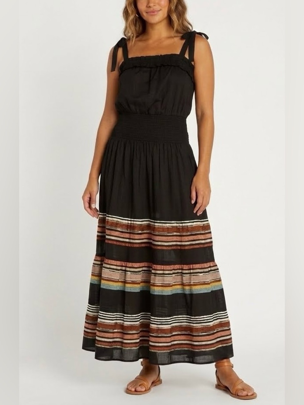 $448 NWT Tory Burch Smocked Sundress Black Multi Stripe Tie Strap Maxi Large L